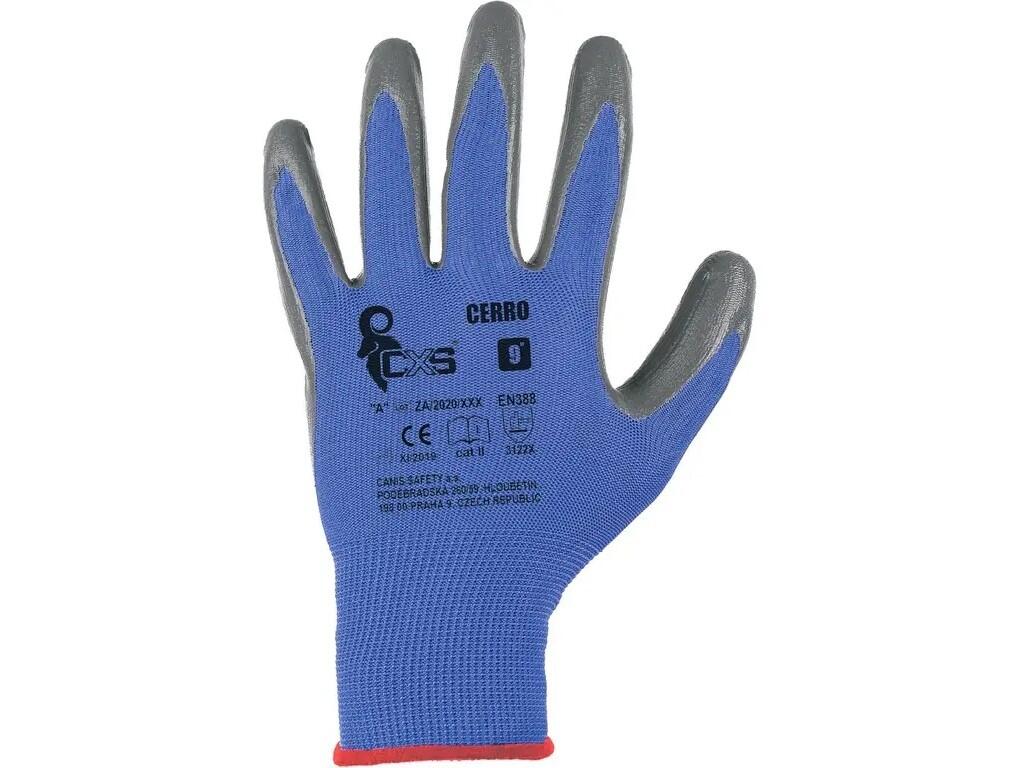 Rukavice CERRO, máčané v nitrile BLISTR, modro-sivé